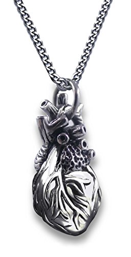 Pearlina Anatomical Heart Necklace Man Or Woman 3D Pendant Oxidized Antique-Finish Stainless Steel, 24" #TOP4