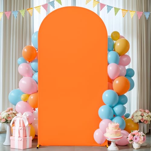 Image of 7.2FT Orange Arch Backdrop Cover, Spandex Fitted Wedding Arch Stand Covers Round Top Chiara Backdrop Cover for Thanksgiving Birthday Party Ceremony Banquet Decoration