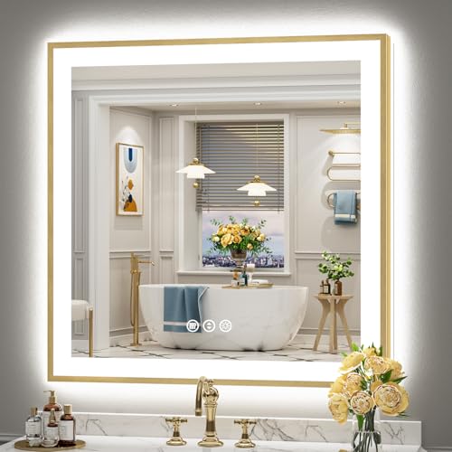 Image of 36x36 Gold LED Bathroom Mirror with Lights, Brushed Gold Framed Backlit and Front Lit Anti-Fog Lighted Vanity Mirrors for Bathroom Wall, Dimmable, 3 Colors, Memory, HD Tempered Glass, CRI 95