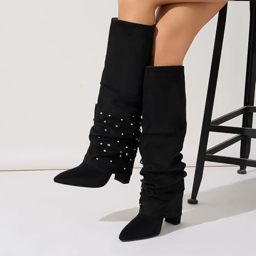 Women's Black Knee High Boots Wide Calf Pointed Toe Chunky High Heel Pull On Fold Over Shark Rivet Boots4