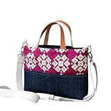  Bolso bandolera y de mano \'Azulejo fucsia\', hecho a mano en vaquero, algodón y lino, con asas de piel
