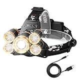 Linterna con LED frontal súper brillante y zoom, es recargable por USB, impermeable, y cuenta con foco ajustable con 4 modos, para acampar al aire libre, pesca, caza, senderismo, correr o ciclismo, dorado