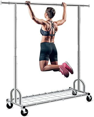 HOKEEPER 450 Lbs Heavy Duty Clothes Rack for Hanging Clothes Commercial Garment Rack with Shelves Rubber Wheels Collapsible Portable Rolling Clothing Rack Chrome Finish