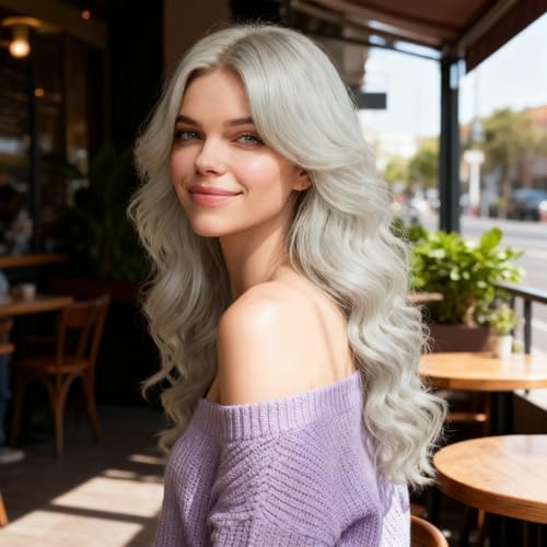 Image of S-noilite Long Grey Cosplay Wig for Women 27 inch Curly Wavy Middle Part Wig Heat Resistant Synthetic Hair Halloween Costume Party Daily Use Colorful Wigs