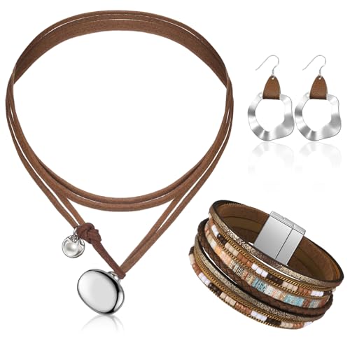 Inbagi 3 Pcs Western Jewelry for Women Bohemian Set, Boho Pendant Long Choker, Faux Leather Layered Bracelet, Dangle Earrings(Rustic Style)