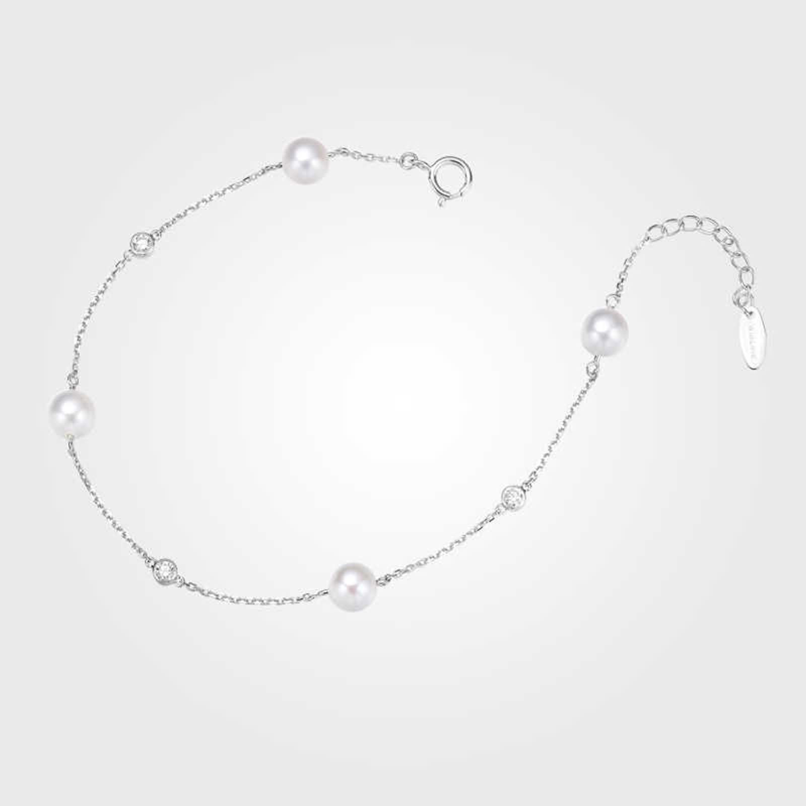Pulseras de Mujer Oro Blanco 9 Kilates / 14 Kilates / 18 Kilates, Perlas 5.5-6 MM y Diamante, Cadena Extensible 16 CM + 5 CM, Pulsera de Ajustable Mujer Plata