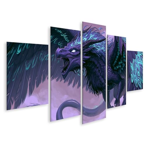Tableau sur toile dragon mystique de salon pour décoration murale fantastique 5 pièces