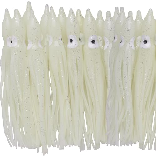 20pcs Fishing Squid Skirts Glow Lures Luminous Octopus Skirts Trolling Lure Saltwater Soft Plastic Bait Fish Squid Silicone Lure Baits Bass Fishing Tackle Accessories Length White 7cm
