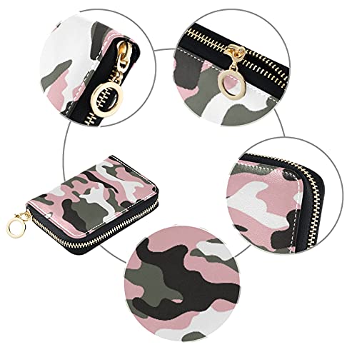 Camo Camouflage Pink Grey White Credit Card Coin wallet, RFID Blocking Compact Women Leather Card Holder, Key Change Organizer, Zipper Purse Clutch Pouch Pocket3