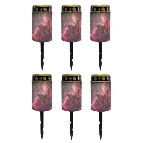 Image of Poceacles Outdoor Solar Lights Solar Grave Candle Outdoor Waterproof Cemetery LED Candles for Cemetery Lawn Porch Outside Decoration, Butterfly Rose Galaxy Moon Red, Pack of 6
