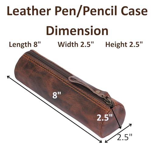 Image of Round Leather Zipper Pencil Case - Full Grain Handmade Pen, Marker & Sketch Pouch, Compact Tube-Shaped Organizer for Office & Travel, Premium Small Tool Holder for Adults - Brown
