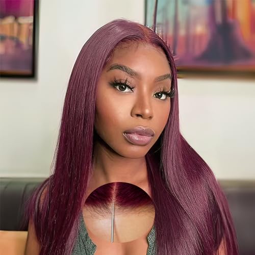 Glueless Wigs Human Hair Wig Pre-Cut 5x5 HD Lace Wigs 20 Inch Burgundy Straight Lace Wig For Women with Baby Hair Bleached knot Wig ShowJarlly Pre Plucked Wig 180% Density Beginner Friendly Wig 99J#