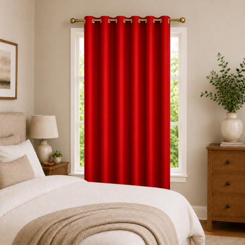 Image of Polyester Eyelet Door Curtain, Solid Plain Light Filtering Curtain for Bedroom, Living Room & Home Office, 7 Feet (84 x 48 Inch), Red, Pack of 1