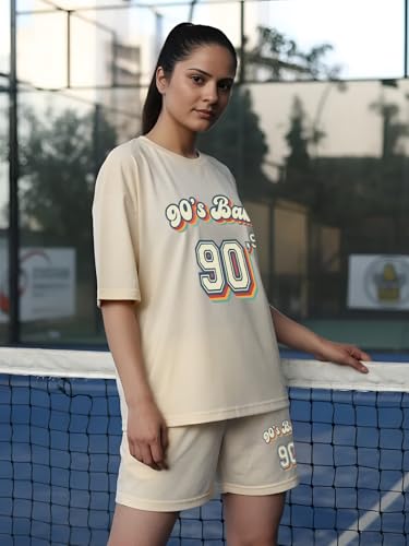 Image of CHKOKKO Cord Set for Women Cotton Blend Co-ord Set Stylish Graphic Printed Oversized T-Shirt Top Half Sleeves and Shorts Set Summer Coord Sets Casual Lounge Wear