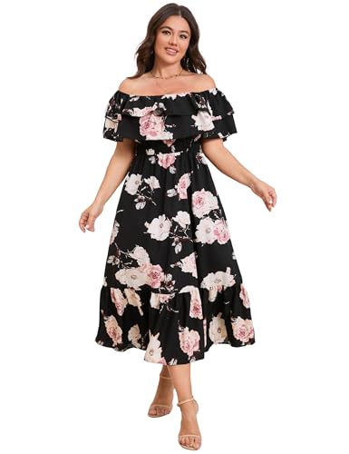 Image of KOJOOIN Women Plus Size Off Shoulder Maxi Dress Ruffle Flowy Casual Summer Boho Long Dresses