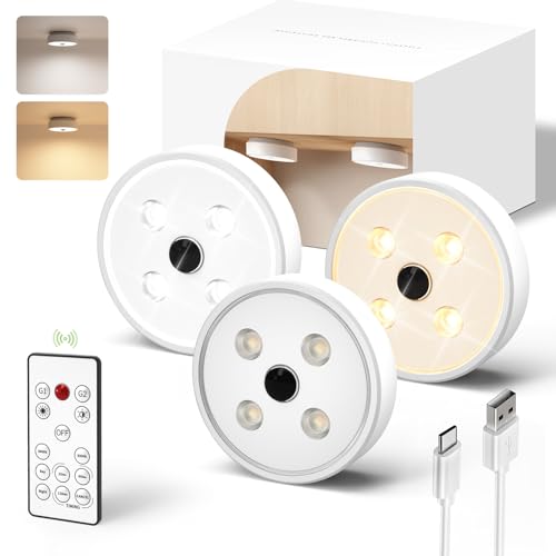 EZVALO Motion Sensor Puck Lights 3Pack, 1200mAh Rechargeable Under Cabinet Lights, 2 Color Temps LED Closet Light Group Control, Dimmable LED Under Counter Light for Kitchen, Cabinet, Stairs