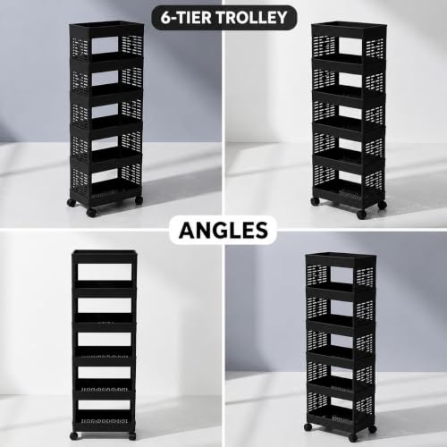 Image of 6-Layer Plastic Kitchen Storage Trolley Rack with Caster Wheels, Rolling Utility Cart with Slide-Out Shelves, Home Organizer for Kitchen, Bathroom, Office| Black (1 Pcs, 6 Layer)
