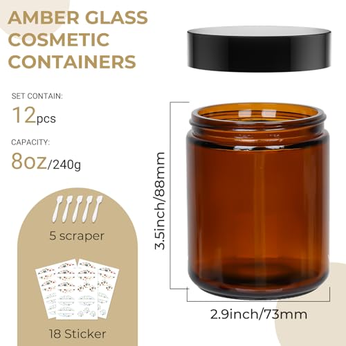12 Pack 8 oz Amber Round Glass Jars, 240 g Empty Cosmetic Containers with Inner Liners, Black Plastics Lids Glass Jars with Lables for Cosmetics, Face Cream, Lotion, Ointments and DIY Candle2