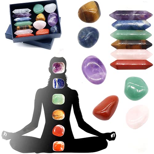 Chakra Pierre Precieuse et Minéraux Pierre Naturelle Les 7 Chakras Pierres Polies Cristaux Guérison Premium Kit Cadeaux Méditation Yoga Relaxation Reiki 14pcs Gemmes Pendentifs Décoration Bijoux Cover