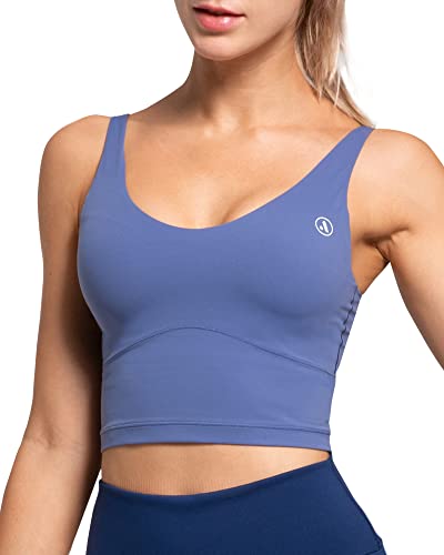Image of AKASO Womens Longline Sports Bra Tank Top Padded Workout Running Yoga Blue