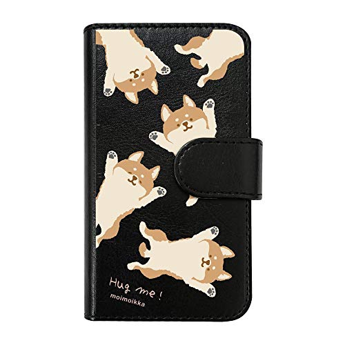 【moimoikka】 らくらくスマートフォン F-42A me F-01L 対応 手帳型 スマホ ケース hug me 柴犬(総柄) しば 犬 アニマル 動物 キャラクター おしゃれ かわいい (カバー色ブラック) ダイアリータイプ 横開き カード収納