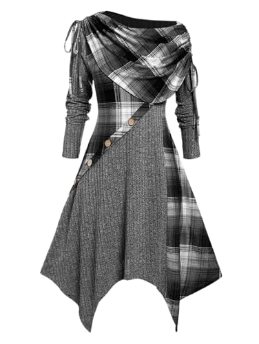 Rosegal Damen-Kleid, Übergröße, schräger Kragen, umklappbar, kariert, Taschentuchsaum, Midi-Langarm, geripptes Strickkleid, Grau, 5X