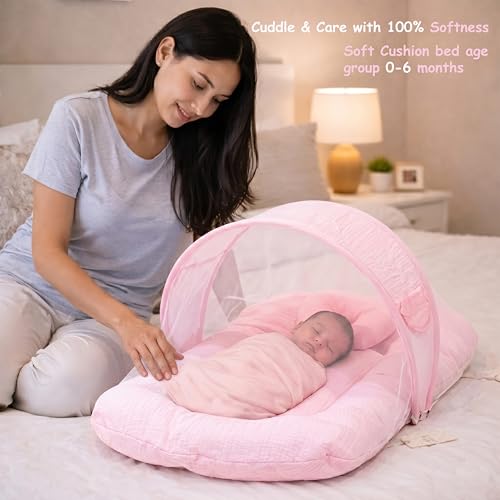 Image of Fareto Combo of Baby Bed with Net | Carry Bag | 4 Pcs Bedding Set (0-6 Months, Baby Size, Cotton) (M Pink)
