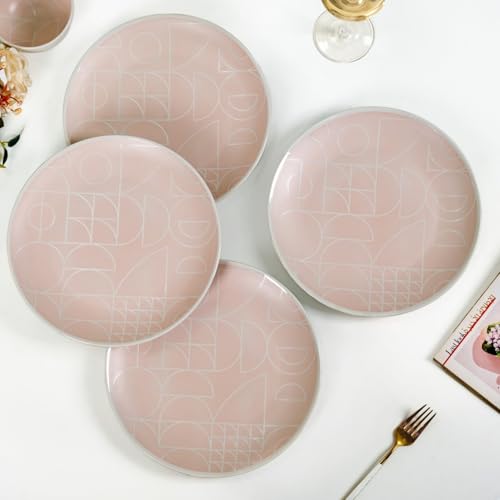Image of Nestasia Ceramic Dinner Plates Set of 4 (10 Inch Each) - Microwave & Dishwasher Safe Full Plates with Geometric Pattern - Perfect for Home, Kitchen, Dining & Gifting (Pastel Pink Matte Finish)