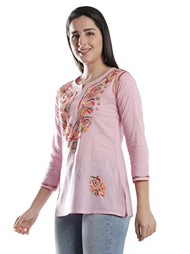Image of Seva Chikan Hand Embroidered Lucknowi Chikankari Cotton Short Kurti Tunic Top for Women SCL4076