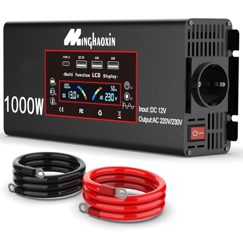 Wechselrichter 12v Auf 230v 1000W Spannungswandler Reiner Sinus Power Inverter DC Umwandler Mit Eu-Steckdosen 3 USB-Anschlüsse Für Haushaltsgeräten KFZ Konverter(Spitzenleistung 2000 Watt)