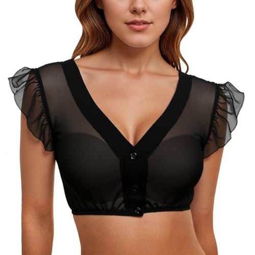 Generisch Bolero corto de tul para mujer con mangas de volantes - Chaqueta transparente con botones | Chaqueta delicada para looks de capas, Style_i01 Negro, L