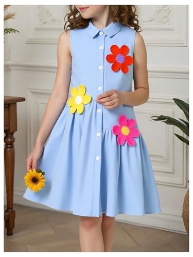 Girl's Cute 3D Floral Tank Dress Button Down Collar Sleeveless Flared Short Dresses3
