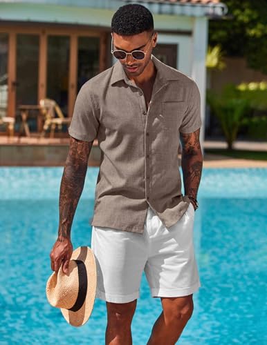 Image of COOFANDY Men's Button Down Shirts Short Sleeve Casual Shirts Summer Beach Linen Shirts with Pocket