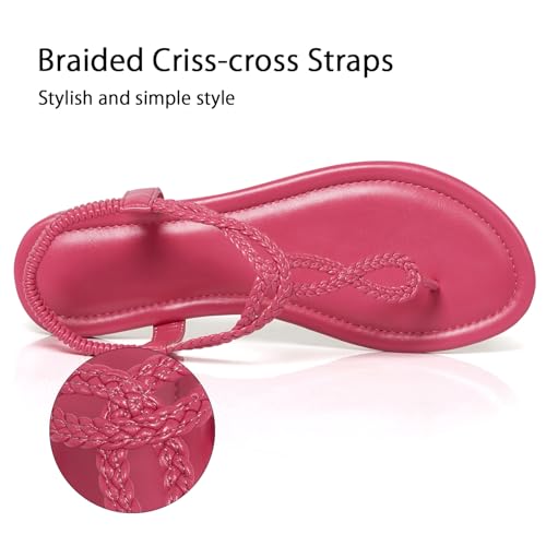 Image of iCKER Womens Braided T‑Strap Flat Sandals Elastic Stretch Ankle Strap | Boho cute casual lightweight and comfort matches dresses for beach vacation