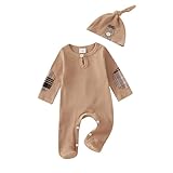 Baby Boys Girls One-Piece Footies Unisex Newborn Ribbed Knit Romper Button Hat 2Pcs Infant Clothes Set (Khaki, 0-3 Months)