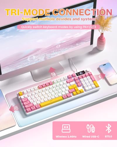 Image of Keymatic Gaming Keyboard Wireless Creamy Keyboard with Media Knob & Screen (White)