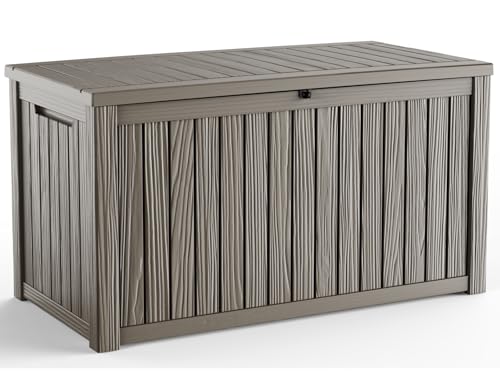 MAIUSCOLI 150 Gallon Outdoor Deck Box,Storage Lockable Waterproof Patio Furniture,Garden Tools,Cushions,Pool Accessories Outside Storage Resin Box(Grey)