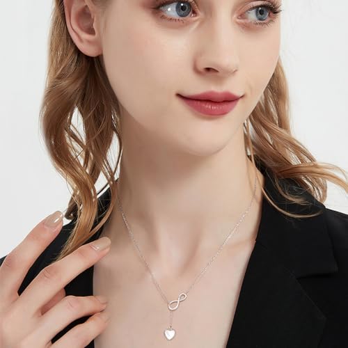 Infinity Lariat Y-Necklace for Women 925 Sterling Silver Love Heart Mother of Pearl Pendant Long Link Chain Necklaces Adjustable Delicate Wedding Birthday Valentines Jewelry Gift 20 inches3