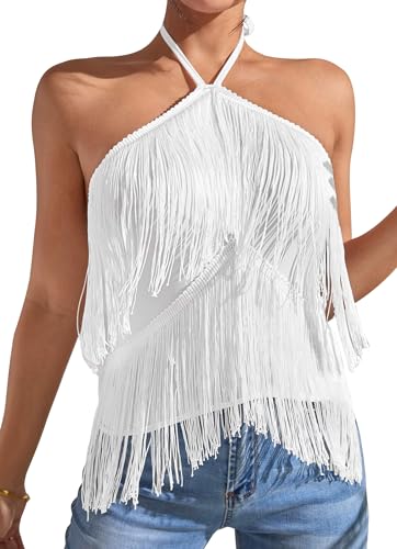 Maeau - Camiseta sin Mangas con Flecos Mujer Verano Top Halter sin Tirantes Blusas Cuello Redondo Camisa Sexy Fiesta - Blanco - L