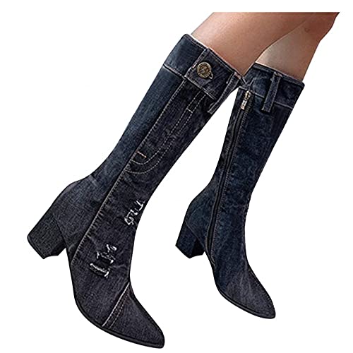 Hbeylia Knee High Jeans Tall Boots For Women Fashion Casual Punk Denim Pointed Toe Chunky Block Mid Heels Knee Length Long Boots Goth Winter Fall Dress Pump Boots For Ladies Night Party Favor