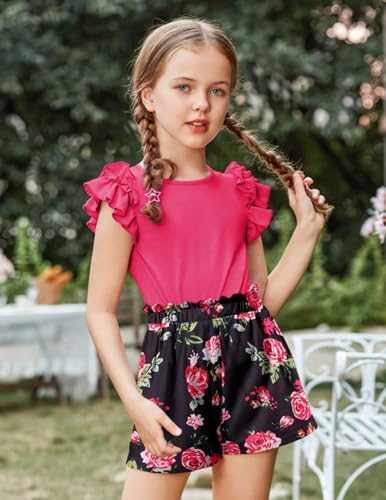 Image of Arshiner Girls 2 Piece Outfits Summer Clothes Ruffle Short Sleeve Shirts Top and High Waist Paper Bag Shorts Set with Pockets