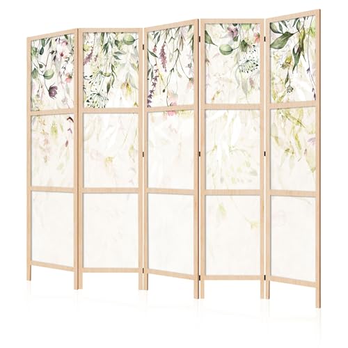 LUMASOUL Biombo Separador de Ambientes Unilateral   en Estilo Japonés   Biombos Separadores de 5 Paneles   Biombos Decorativos para Divisor Ambientes   Motivo Flores   225x172 cm