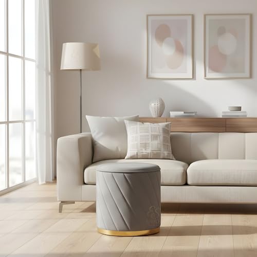 Image of Luxury Round Velvet Ottoman Stool with Gold Base - Modern Upholstered Footrest Pouffe, Tufted Vanity Seat, Living Room Bedroom Dressing Stool (Grey)