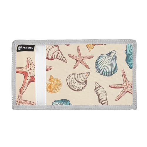 Shell Pattern Durable Nylon Fabric Wallet for Boys and Girls - Multi-Functional with 2 Clear Pockets, Zipper Coin Compartment, 3 Card Slots & Keyring2
