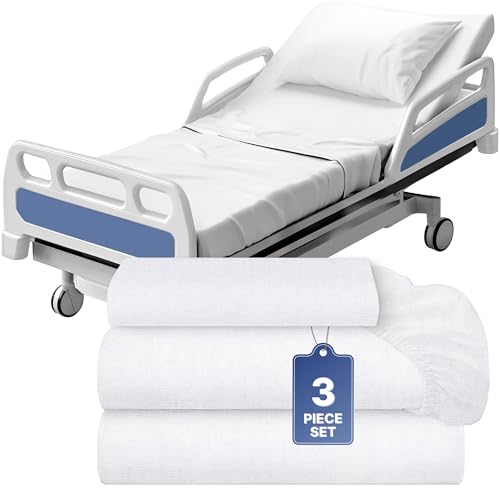 White Classic 3 Piece Hospital Bed Sheet Set, Soft Jersey Knitted T-Shirt Quality, 1 Flat, 1 Fitted, 1 Pillowcase