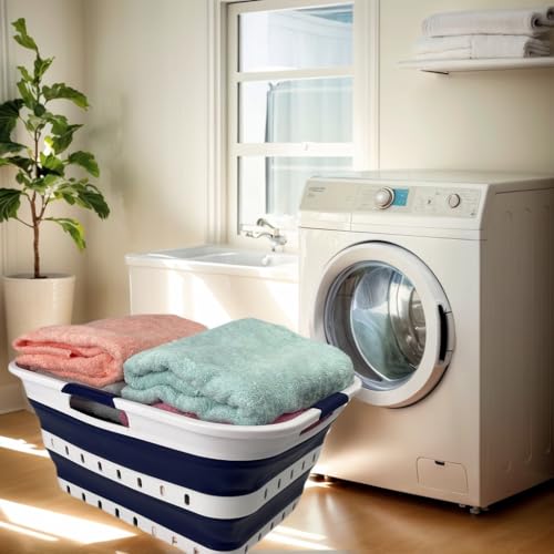 Image of SAMMART 42L (11 gallon) Collapsible Plastic Laundry Basket - Foldable Pop Up Storage Container /Organizer - Space Saving Hamper /Basket (1, White /Starry Blue)