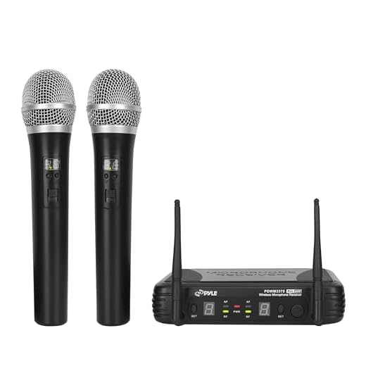 PYLE-PRO Professional Wireless Microphone System - Dual UHF Band, Wireless, Handheld, 2 MICS With 8 Selectable Frequency Channels, Independent Volume Controls, AF & RF Signal Indicators - PDWM3375
