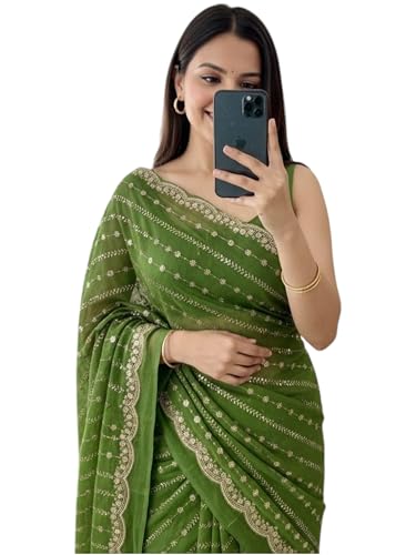 Image of RADHA Women's Embroidery Work Saree with Designer Border for Festive and Traditional Ethnic Drape Saree with Detailed Thread Style Pattern and Elegant Occasion Look