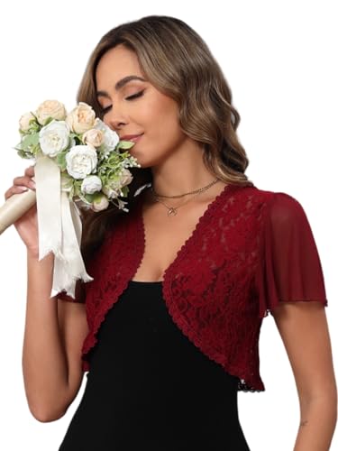 Donna Bolero con Uncinetto Pizzo Maniche Corte Coprispalle Elegante per Matrimonio Sposa-Rosso Vino/S Donna Bolero con Uncinetto Pizzo Maniche Corte Coprispalle Elegante per Matrimonio Sposa-Rosso Vino/S