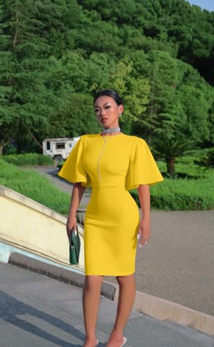 Image of Memoriesea Women's Basic Bodycon Ruffle Flared Short Sleeve Pencil Midi Dress
